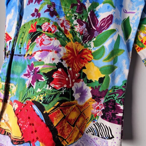 Tudor Court by Haband Tropical Parrot Denim Shacket M 100% Cotton Dopamine - Picture 4 of 9